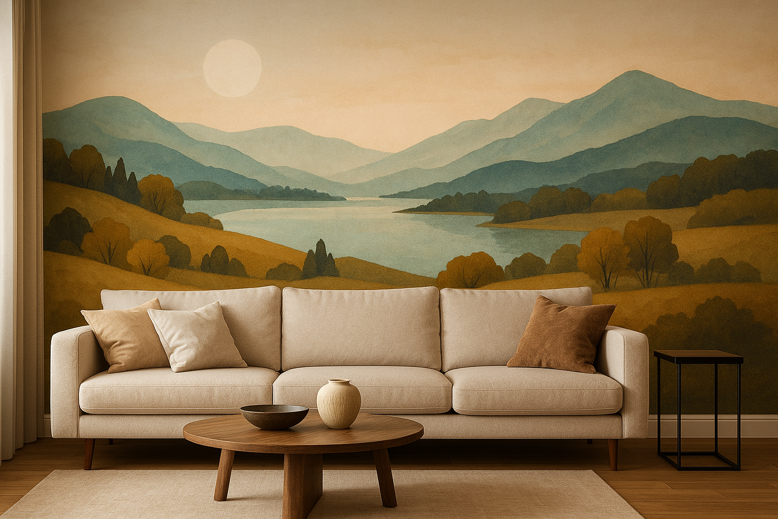 fototapeta w salonie z kanapą i stolikiem w tle